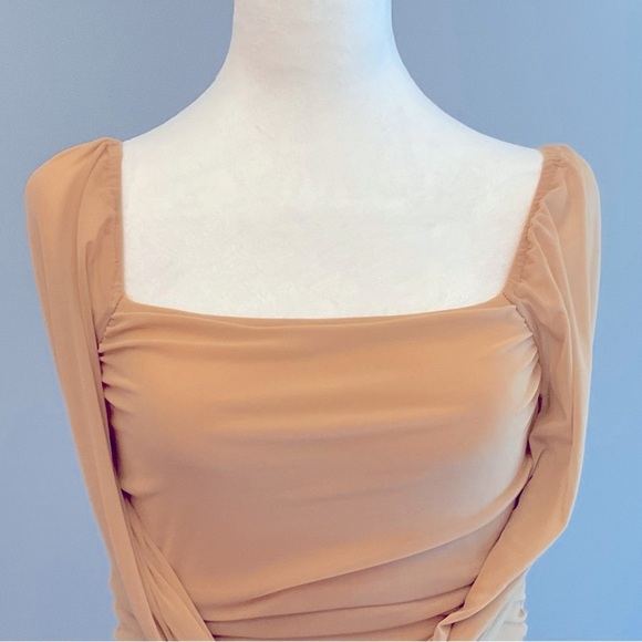 Fashion Sz Sm, Sheer Mesh, Nude, Ruched Long Sleeve Dress, Deep Square Neckline - Picture 9 of 16